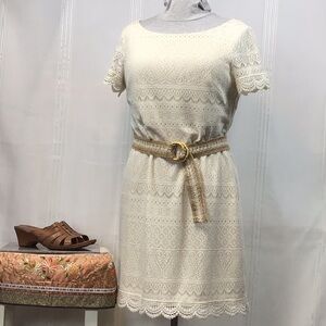🤍 London Times Cream Lace Bateau Neckline Knee Length Sheath Dress Sz.14